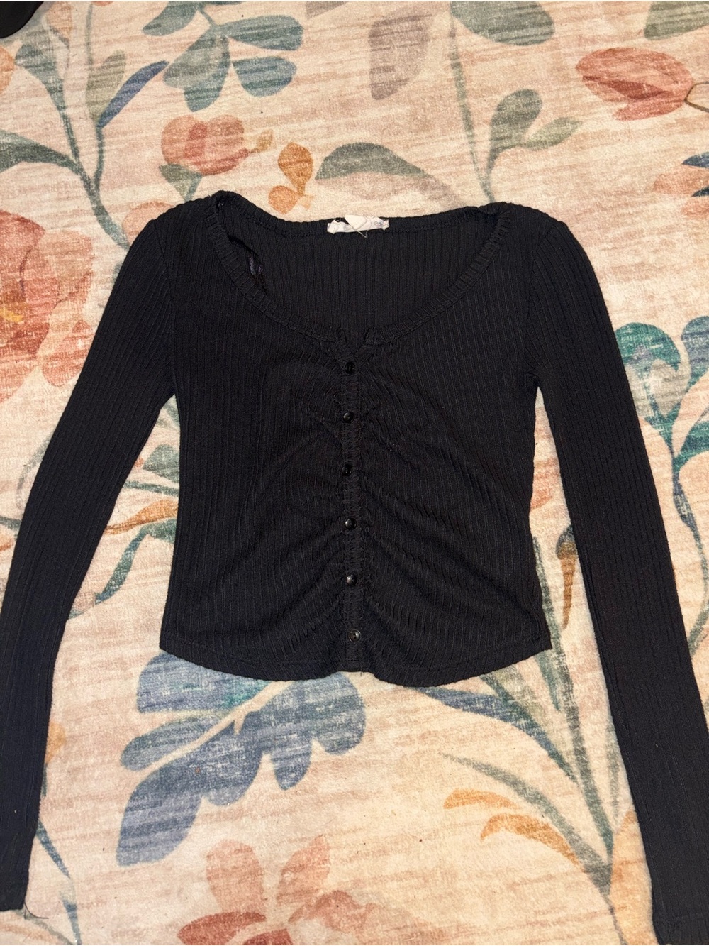 Pink Republic Ribbed Button-Front Long Sleeve Top - Black